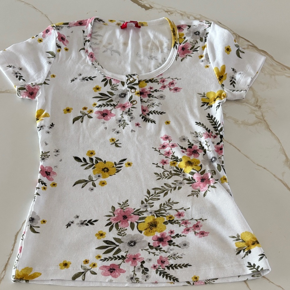 Floral Women's Top by Guess- White with Pink and Yellow Accents